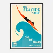Galrie The Seaside Calls Retro Travel Poster-1930s Vintage Australian Art Print Decor, Black Frame, 50 x 70cm (20 x 28inch)