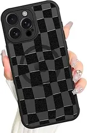 AIGOMARA Magnetic for iPhone 16 Pro Max Case, Compatible with Magsafe Cute Black Checkered Pattern Screen Protector Camera Protection Matte Translucent Checkerboard Phone Case for Women Girls