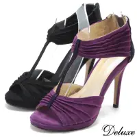 在飛比找momo購物網優惠-【Deluxe】優雅質感絨面內真皮魚口高跟涼鞋(紫-黑)