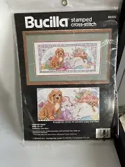 Bucilla Stamped Cross Stitch PLAYFUL PALS cocker spaniel puppy & cat basket yarn
