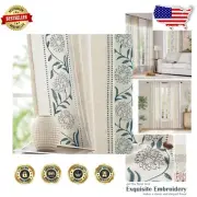 Elegant Linen Blended Curtains 90" Floral Embroidery Light Filtering Drapes