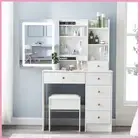 White Vanity Desk Dressing Table Stool Set with 6 Drawers & LED Sliding Mirror