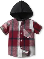 [Generic] Leisure Top for Boys Breasted Plaid Short Sleeve Shirt Hoodie Multi Color Optional Toddler Short Sleeved Plain Dailywear