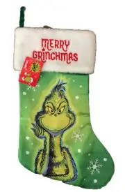 NEW The Grinch Green Satin Christmas Stocking w/Faux Fur Cuff MERRY GRINCHMAS