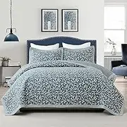 PANGUSHAN Quilt Set Queen Size - 100% Cotton Queen Comforter Set, Grayish-Blue Bedspread with 2 Pillow Shams, Floral Reversible Lightweight Bedding, Queen Bed Spread for All Season