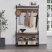 Maxhomm 5-in-1 Coat Rack Stand for Entryway, Industrial Vintage Hall Tree Freestanding with Shoe Bench and Coat Racks Entryway Storage Shelf Organizer with 11 Hooks and 2 Hanging Rods, Wood Look Accent Fruniture with Metal Frame