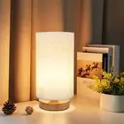 Small Bedside Table Lamp for Bedroom, Minimalist Wood Base & round Fabric Shade,