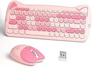 Cute Cat Shaped Wireless Keyboard Mouse Set 84 Keys USB Compatible with Windows XP/7/8/10, Pink