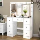 White Dressing Table with Large LED Mirror Wood Makeup Desk 7 Drawers Storage