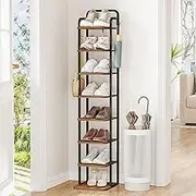 Hzuaneri Vertical Shoe Rack, Shoe Shelves, Wood Shoe Organizer for Closet, Entryway, Shoe Tower for Small Spaces, Free Standing, Adjustable, with 2 Hooks, 8 Tier Rustic Brown SR04301B