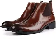 [Generic] Chelsea Boot for Men Work Boot Wingtip Brogue Carving Pull On StyleGenuine Leather Block Heel Burnished Toe Men's Leather Shoes