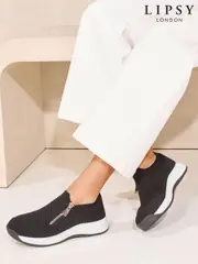 Lipsy Black Flat Chunky Quilted Runner Outsole Side Zip Knit Trainers (AL5642) | $58