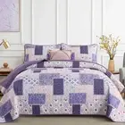 Patchwork Quilt Set King Size 3 Pieces Plaid Floral Bedspread Coverlet Set Pu...