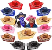 Yahenda 48 Pieces Kids Cowboy Hats Party Pack Bulk Straw Hat with Multicolor Polyester Bandannas Children Western Cowgirl Costume Accessories for Birthday Cosplay Supplies