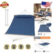 Cozy Blue Quilted Hammock for Two with Extra Large Pillow & Handcrafted Ropes
