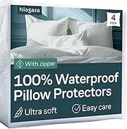 4 Pack Waterproof Pillow Protectors Standard 20x26 Inches Smooth Zipper Premium Encasement Covers Quiet Cases Set White 100% Liquid Protection