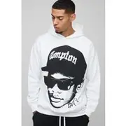 Mens White Oversized Eazy E Face License Print Hoodie