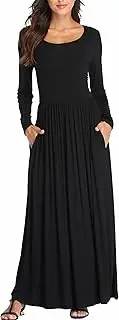 [Qurvoo] Women's Long Sleeves Maxi Dress Plain Empire Waist Casual Dress Loose Fall/Winter Dresses with Pockets