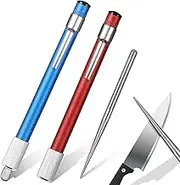 2 Pieces Diamond Retractable Knife Sharpener Steel Sharpening Rod for Kitchen Outdoor Serrated Stick Tools (Sky Blue, Red)