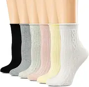 [bropapa] Women's Crew Socks,Knit Patterned, over Ankle,Casual Fashion Dress Socks,Cute Thin Lettuce Roll Top Sock for Girls 6 Pack (Size5-9), 6pairs(black,white,dark Grey,light Grey,yellow,pink)