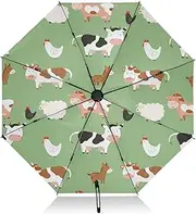 [RPLIFE] Compact Umbrella, Windproof Umbrella for Rain, Automatic Open/close, Compact Size for Women Backpacks/Handbags, Farm Animals Cows Green