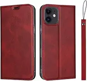 for iPhone 12 Mini Case (5.4"),Cavor Folio Flip Leather Wallet Phone Case Stand Card Holder Magnetic Closure Clear TPU Bumper Slim Thin Cover Case with Wristlet Strap- Red