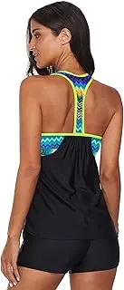 [Azura Exchange] Black Blouson Striped Printed Strappy T-Back Push up Tankini Top