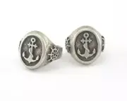 Signet Ring Ship Wheel Anchor Adjustable Ring Raw brass 18mm 8US inner size 4579