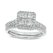 1.0 CT. T.W. Quad Princess-Cut Natural Diamond Frame Collar Bridal Engagement Ring Set in Solid 14K White Gold