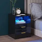 Luxsuite Smart Bedside Table Auto Nightstand 2 Drawers Storage Cabinet with LED Light USB & Type C Ports High Gloss Finish Bedroom Furnitrue Black