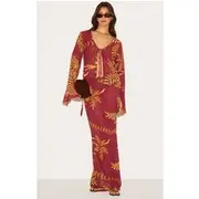 Brown Sheer Floral Tie Side Maxi Skirt, Brown
