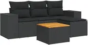 vidaXL Garden Sofa Set with Cushions - 5 Piece Modular Outdoor Furniture - Black PE Rattan - Cushioned Lounge Chairs/Table with Storage - Terrace/Patio Seating - Weather-Resistant Acacia Wood Top