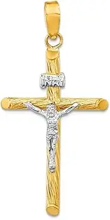 [JewelryWeb] 14k Gold With White Rhod Polished and Textured Inri Crucifix Religious Faith Cross Pendant Necklace 37.6x18.85mm Wide 3.75mm Thick-Pendant for Women