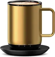 Temperature Control & Self-Heating Smart Coffee Mug with Lid, 3 Custom Heat Settings, Manual & App Control, 180 Min Battery Life - Hot up to 140℉ Fast Wireless Charger Base (Gold)