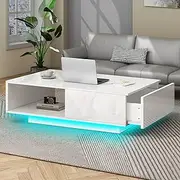 [ALFORDSON] Coffee Table Center Table with RGB LED Light, White Color, Living Room Office Reception Dining Table with Drawer and Open Shelf