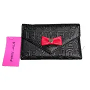 Luv Betsey Johnson Card Wallet Tri-Fold Button Flap Black Embossed Red Bow 8"x5"