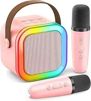 Mumoo Bear Portable Karaoke Machine for Kids & Adults Bluetooth Mini Singing Microphone with 2 Wireless Mics & LED Light Show Compatible with All Smartphones Perfect for Birthdays Home Parties -Pink