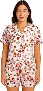 Coco Brands Strawberry Shortcake Women’s Pajama Set, Soft Stretchy Pajama Shorts & Short Sleeve,Notch Collar,Button Down Top