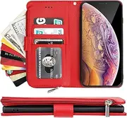 Cavor for iPhone Xs Max Case,PU Leather Zip Pocket Wallet Flip Cover Case Magnetic Closure Book Design with Kickstand Feature & Card Slots Compartment for iPhone Xs Max(6.5")-Red
