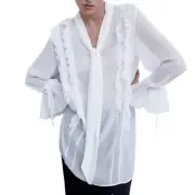 NWT ZARA Sheer Ruffled Chiffon Long Blouse with Bow in Oyster White WOMEN'S XS