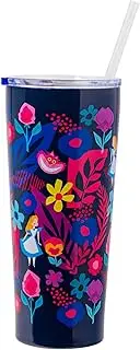 Silver Buffalo Disney Alice in Wonderland Floral Pattern Double Walled Stainless Steel Tumbler with Straw, 22 Ounces, Multicolor