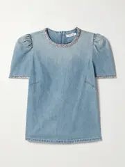 [Zimmermann] Zimmermann - Crush Crystal-embellished Gathered Denim Top - Light denim - 00 00 Blue