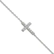 [JewelryWeb] 925 Sterling Silver Polished With CZ Simulated Diamond Sideways Religious Faith Cross W 3 Centimeters Ext Bracelet Link-Bracelet for Women
