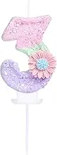 EAKE Number 3 Birthday Candle with 3D Pink Daisy and Sweet Pastel Color-Blocked Sequins Number 3 Candle for Anniversary or Girls 3-Year-Old Happy 2nd Macaron Birthday Party Cake Decorations