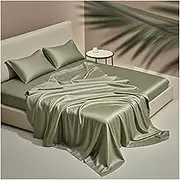 Satin Flat Sheet Only Twin Full Queen King Hotel Luxury Tencel Top Sheet Extra Soft Cooling Silk Flat Bed Sheets(Green,250x270cm)