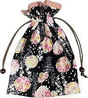 Drawstring Bag with Lining, Japanese Pattern, Black Floral Pattern x Pink, Cherry Blossom, Made in Japan, Goshuin Book Holder, Japanese Accessories, Japanese Goods, Yukata