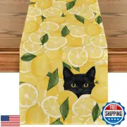 Artoid Mode Yellow Lemon Black Cat Leaves Summer Table Runner, Seasonal Kitch