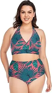[Caihoyu] Extended Size Bikini for Women Tummy Control Bathing Suits High Waisted Bikini Swimwear Tropical Pattern Color Plant Leaves L
