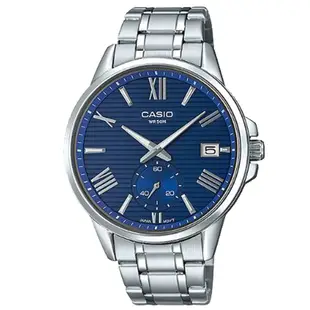 CASIO 羅馬簡約時尚橫條紋設計不鏽鋼腕錶(MTP-EX100D-2)藍面/43.8mm