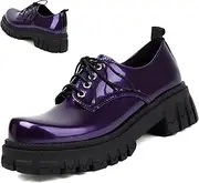 [DEVILEYEZE] Women's Patent Leather Platform Chunky Loafers Perforated Lace-up Round Toe Wingtip Oxford Shoes Non-Slip Lug Sole Brogue Dress Shoe
